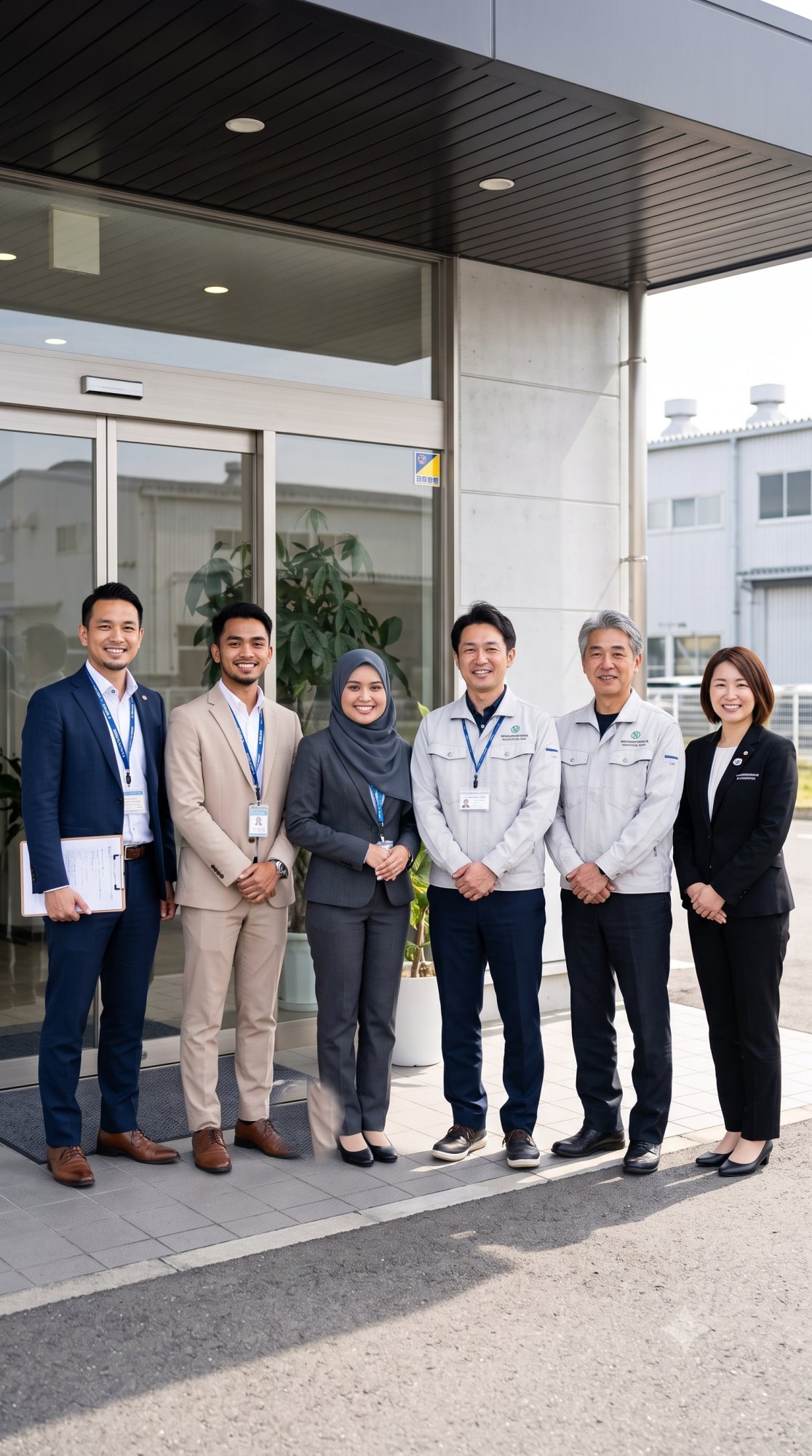 工場のエントランス前に並ぶMPJAの監査チームと受け入れ企業の担当者